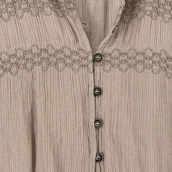 Bohemian Bell Sleeve Blouse V Neck Taupe Flare Button Relaxed Size M She + Sky - Picture 5 of 8